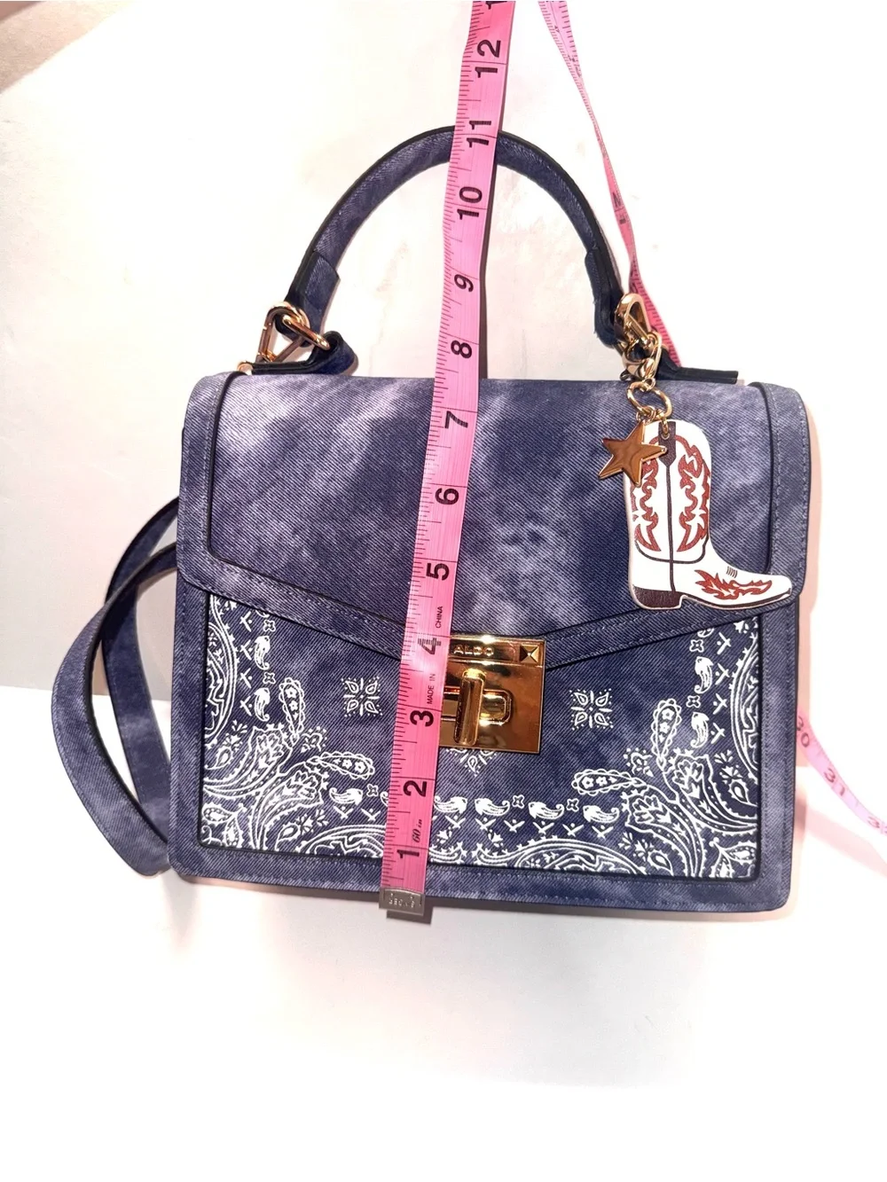 ALDO Denim Look Bandana Print Top Handle Crossbody Satchel Cowboy Boot Charm NWT - Picture 8 of 11